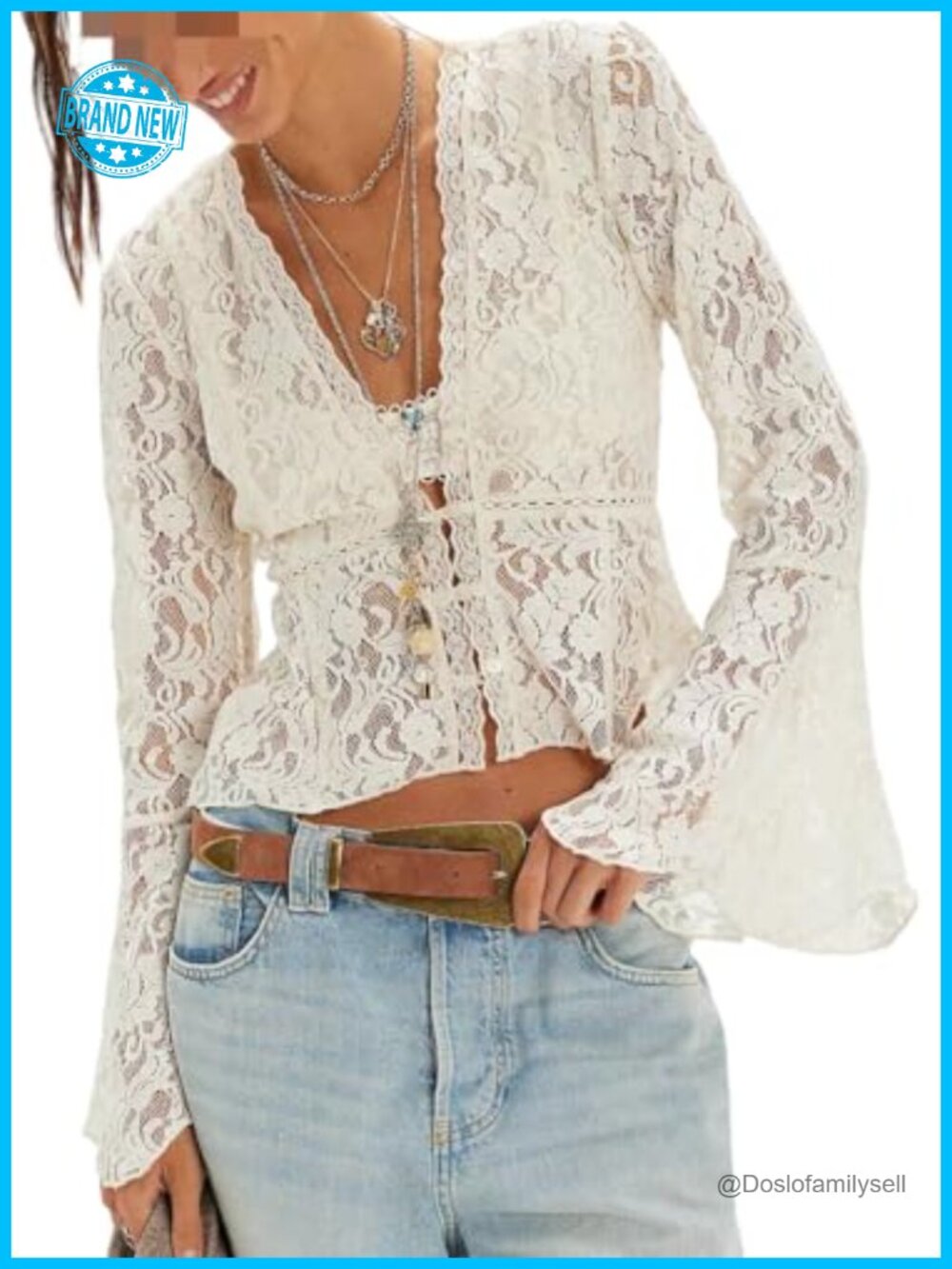 Women Lace See Through Bell Sleeve Blouse Boho Sheer Ruffle Poncho Top
